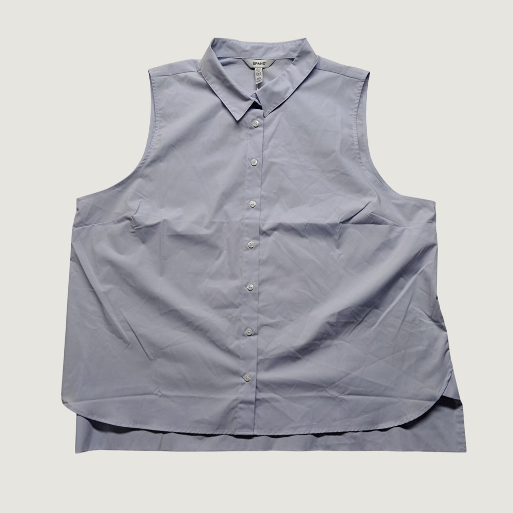 Spanx Sleeveless Button Down Women 2X 2T Light Blue NEW Cotton Blend Stretch Top